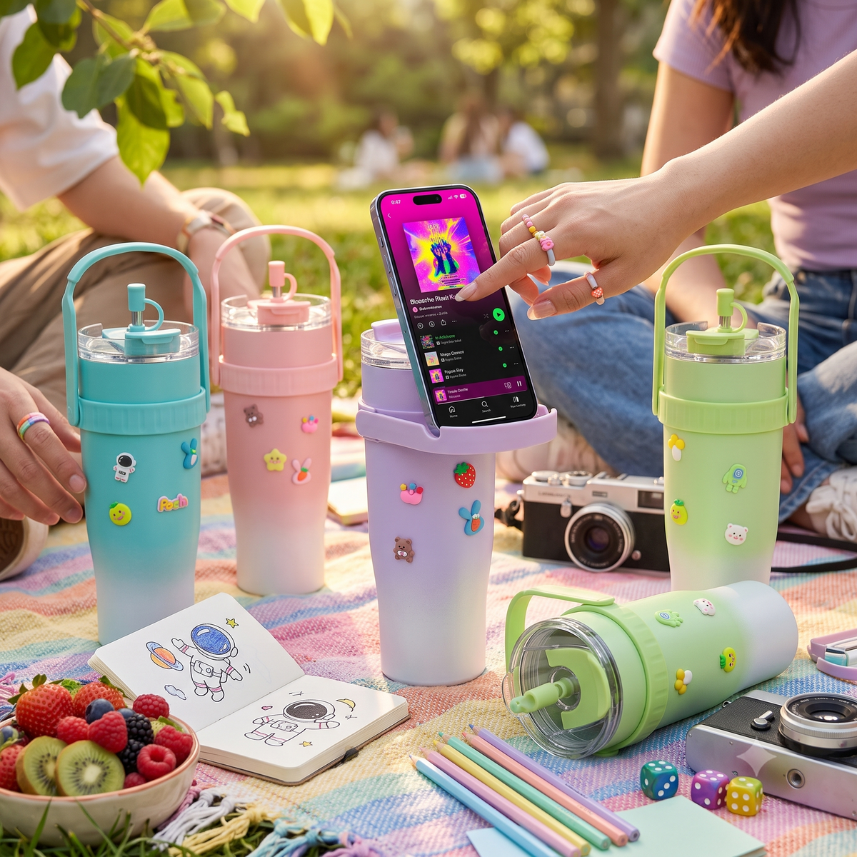 Gradient Tumbler with Phone Holder and Charms